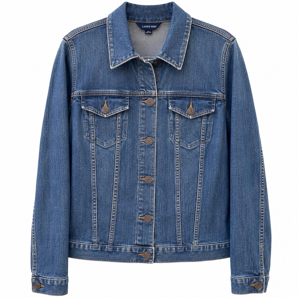 Lands' End Womens 1X Denim Trucker Jacket Blue Stretch 16W-18W Medium Wash Rodeo